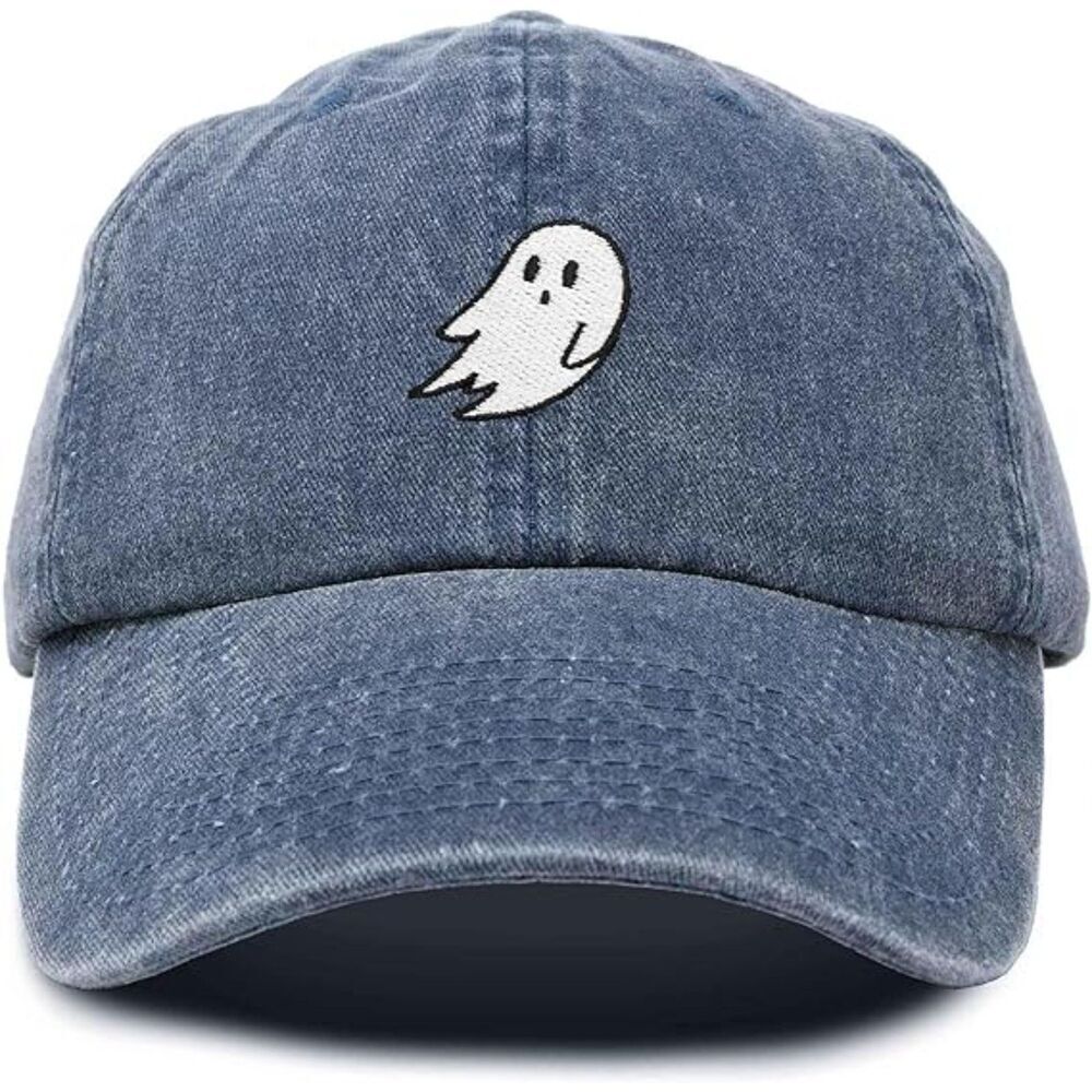 Unisex Navy Blue Vintage 100% Cotton Ghost Embroidered Adjustable Baseball Cap